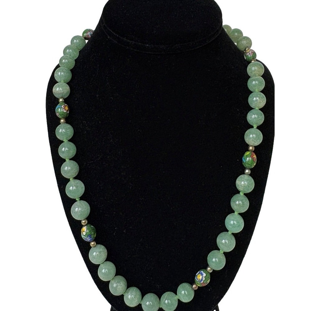 Vintage Jade Cloisonne Necklace Vermeil Filigree Clasp Floral Old Chinese Beads